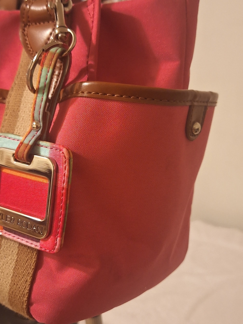 Tyler Rodan Coral Canvas Tote with Tan Trim and Multicolor Tag (13.5 X 8.5 X 4.5 - Picture 7 of 16